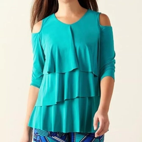Susan Graver Every Day Liquid Knit Cold‎ Shoulder Tiered Top Teal -3X - Picture 1 of 12